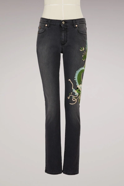 Shop Gucci Dragon Embroidered Denim Jeans In Black/multicolor