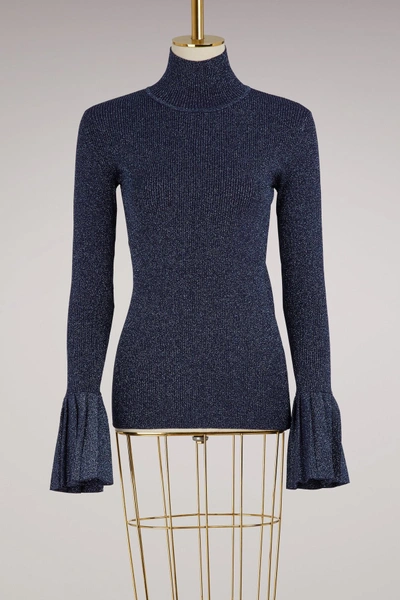 Shop Carven Long Sleeve Jumper With Ruffles In Bleu Astral