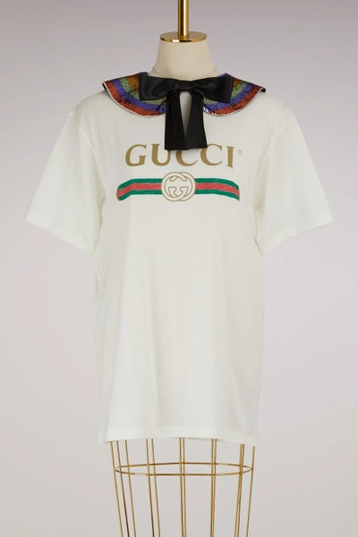 Shop Gucci Print Collared Cotton T-shirt In Natural White Multic