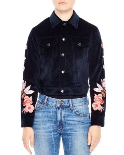 Shop Sandro Cylia Cropped & Embroidered Velvet Jacket In Navy Blue