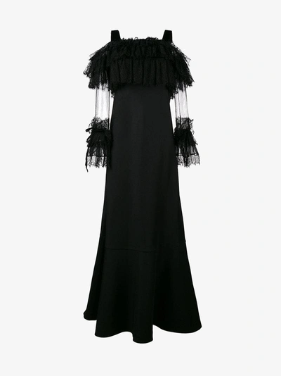 Shop Alberta Ferretti Floor Length Gown With Lace Sleeves In Black
