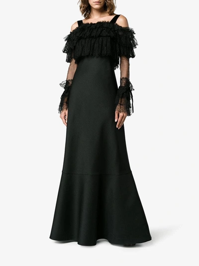 Shop Alberta Ferretti Floor Length Gown With Lace Sleeves In Black