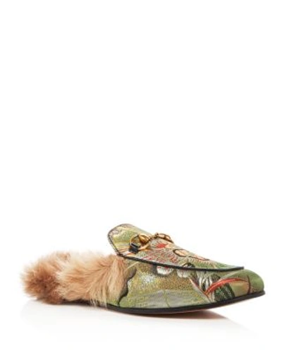 Gucci Men's Princetown Tiger Jacquard And Lamb Fur Slippers In Green