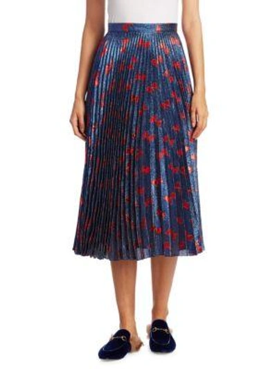 Shop Gucci Pleated Bow-print Skirt In Navy-red