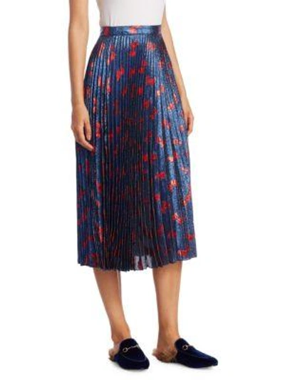 Shop Gucci Pleated Bow-print Skirt In Navy-red