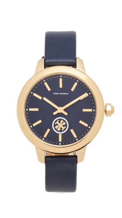 Tory Burch Collins Goldtone Stainless Steel & Leather Strap Watch In Blue