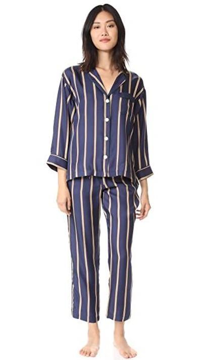 Shop Sleepy Jones Silk Marina Pajama Shirt In Navy