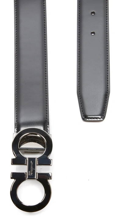 Shop Ferragamo Double Gancio Outline Leather Belt In Black/gunmetal