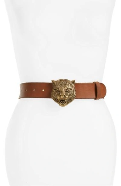 Shop Gucci Tiger Buckle Leather Belt In Brown