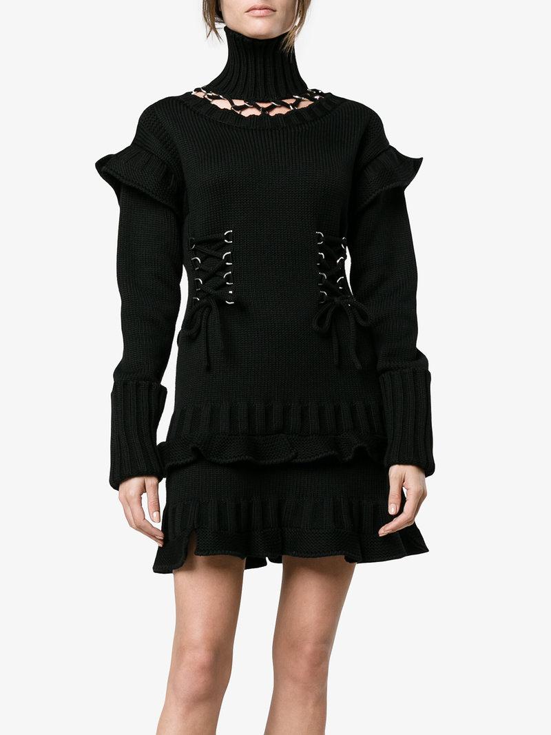 Alexander Mcqueen Lace-up Chunky Wool Knit Peplum Dress In Black | ModeSens