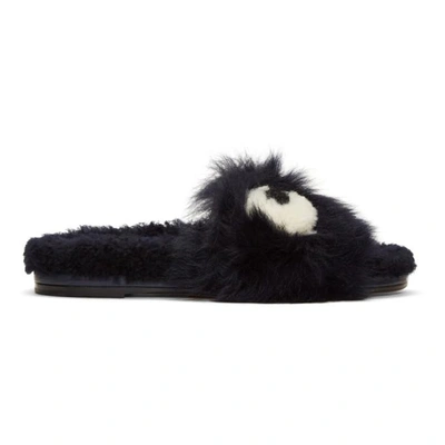 Shop Anya Hindmarch Blue Shearling Eye Slides