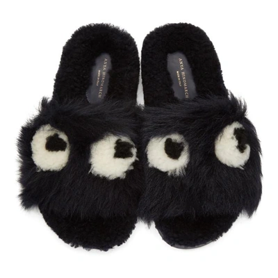 Shop Anya Hindmarch Blue Shearling Eye Slides