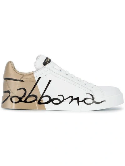 Shop Dolce & Gabbana Gold Logo Printed Sneakers In White