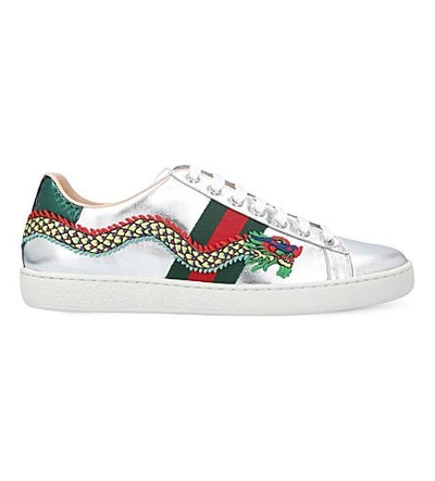 Shop Gucci New Ace Dragon-embellished Leather Trainers In Silver
