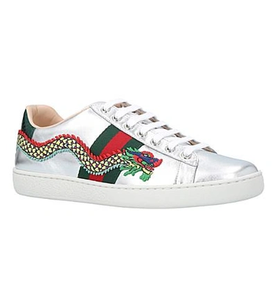 Shop Gucci New Ace Dragon-embellished Leather Trainers In Silver