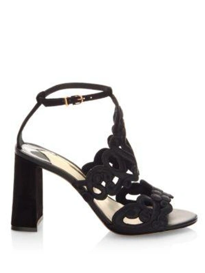 Shop Sophia Webster Albany Embroidered Suede Block Heel Sandals In Black