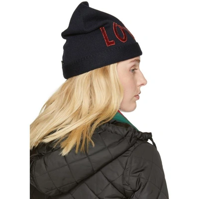 Shop Gucci Navy Wool Loved Beanie In 4000 Midnight Blue