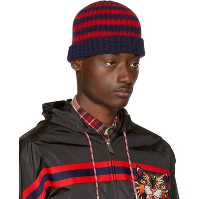 Shop Gucci Red And Navy Striped Wool Beanie In 4074 Mid.night Bl/re