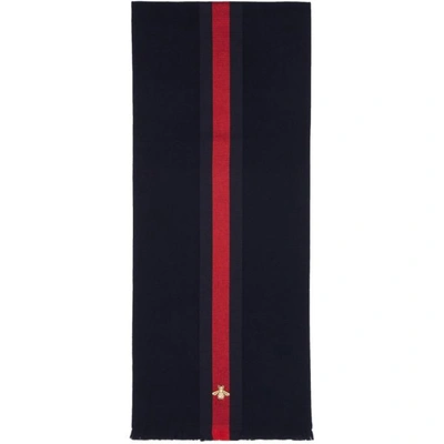Shop Gucci Navy Cashmere Web Bee Scarf In 4068 Mid.night Bl/bl
