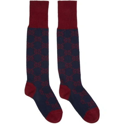 Shop Gucci Navy & Red Long Gg Socks