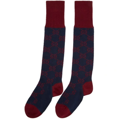 Shop Gucci Navy & Red Long Gg Socks