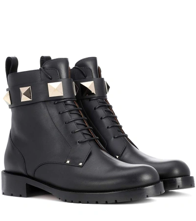 Valentino Garavani 30mm Lock Leather Combat Boots In Black