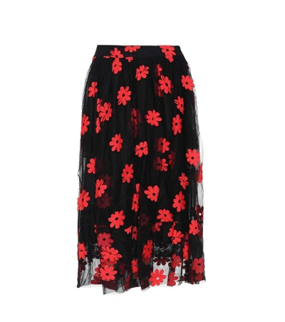 Simone Rocha Floral-embroidered Tulle Midi Skirt In Llack