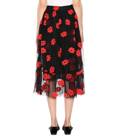 Shop Simone Rocha Floral-embroidered Tulle Skirt In Llack