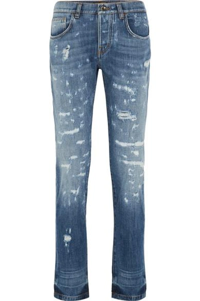 Shop Dolce & Gabbana Distressed Slim Boyfriend Jeans In Mid Denim