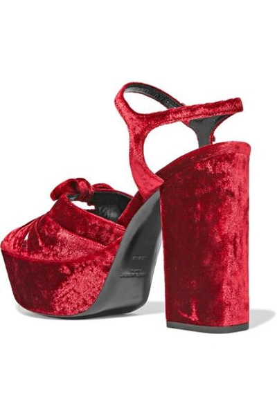 Shop Saint Laurent Farrah Bow-embellished Velvet Platform Sandals