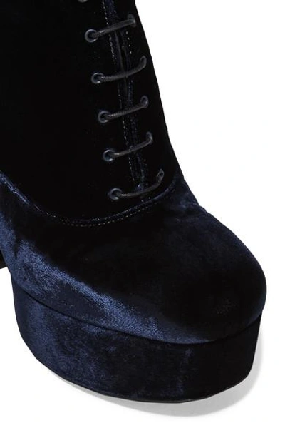 Shop Prada Velvet Platform Ankle Boots In Navy