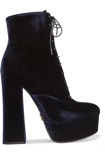 Shop Prada Velvet Platform Ankle Boots In Navy