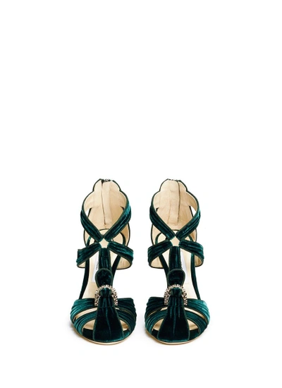 Shop Jimmy Choo 'krissy 100' Swarovski Crystal Brooch Pleated Velvet Sandals