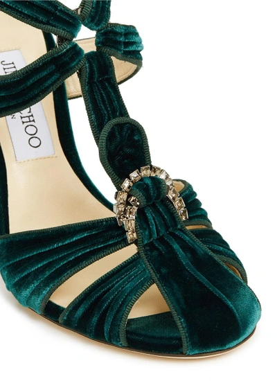 Shop Jimmy Choo 'krissy 100' Swarovski Crystal Brooch Pleated Velvet Sandals