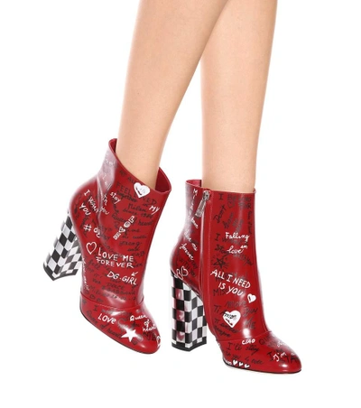 Shop Dolce & Gabbana Leather Ankle Boots In Scritte Fdo. Rosso