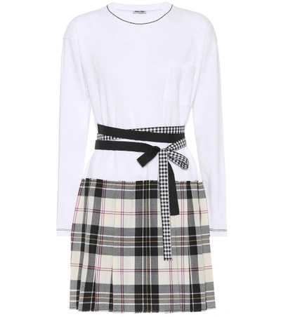 Miu Miu Long-sleeve Jersey & Plaid Combo Dress, White In Liaeco+eaturale