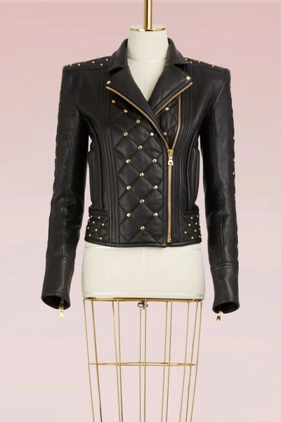 Shop Balmain Quilted Leather Biker Jacket With Studded Detail In Noir C0100