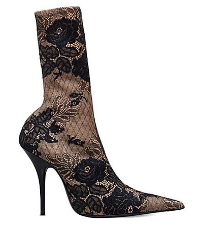 Shop Balenciaga Knife Lace And Spandex Heeled Boots In Blk/beige
