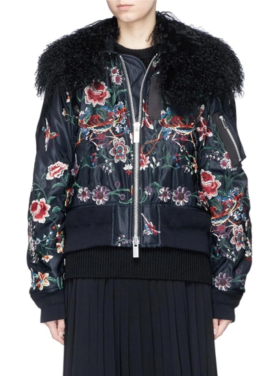 Shop Sacai Faux Fur Floral Embroidered Padded Bomber Jacket