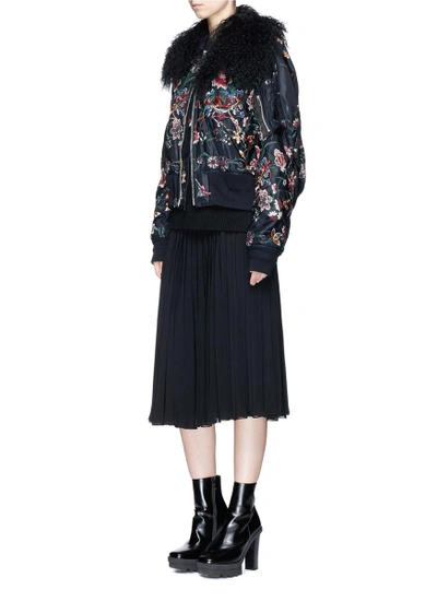 Shop Sacai Faux Fur Floral Embroidered Padded Bomber Jacket