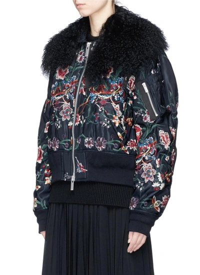 Shop Sacai Faux Fur Floral Embroidered Padded Bomber Jacket