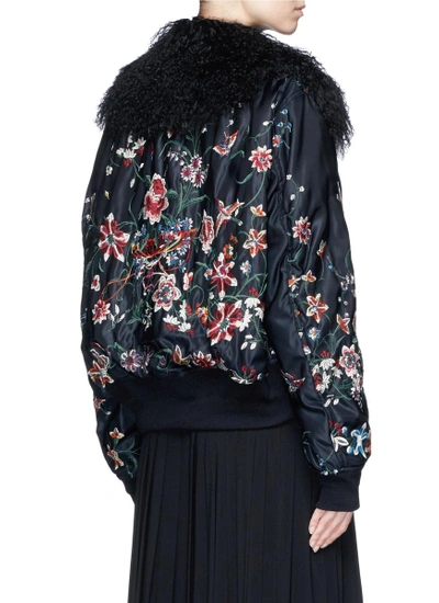 Shop Sacai Faux Fur Floral Embroidered Padded Bomber Jacket