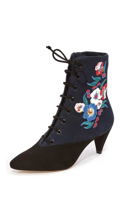 Tory Burch Cassidy Embroidered Lace-up 45mm Bootie, Black/battleship Blue/pansy Bouquet