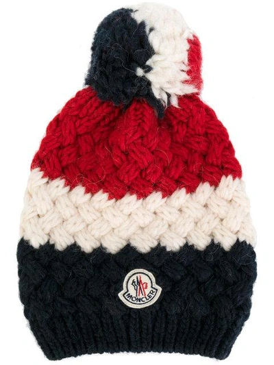 Shop Moncler Striped Logo Bobble Hat - Red