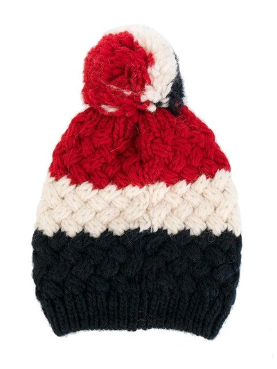 Shop Moncler Striped Logo Bobble Hat - Red