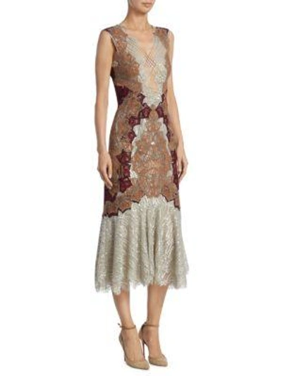 Jonathan Simkhai Dimensional Lurex Applique Lace-up Trumpet Dress In Metallic