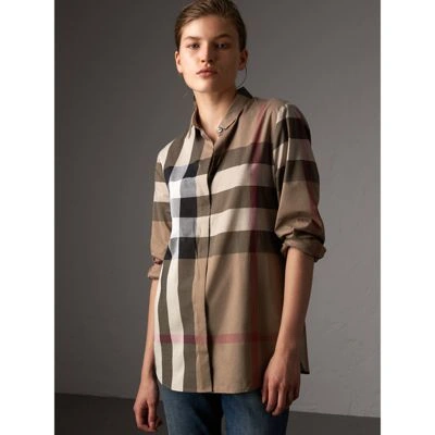 Shop Burberry Check Cotton Shirt In Taupe Brown