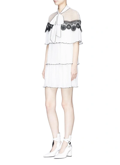 Shop Self-portrait Monochrome Lace Cape Tiered Pleated Crepe Dress