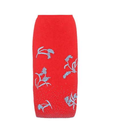 Prada Embroidered Angora-blend Pencil Skirt, Red