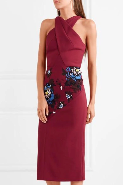 Shop Roland Mouret Maxton Embroidered Stretch-crepe Midi Dress